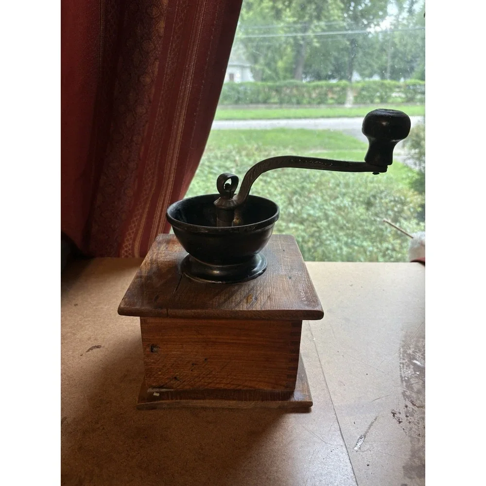 Vintage Wooden Hand Crank Coffee Grinder Mill Cast Iron Bowl Drawer Primitive